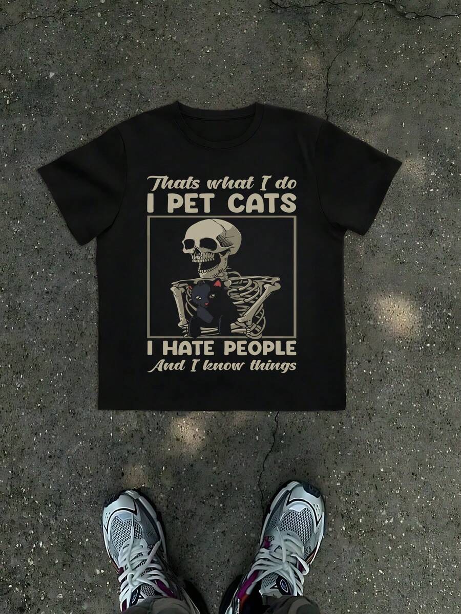 1Pcs Skeleton Petting Cat Print Men's T Shirt I Hate People Theme 100% Cotton TShirt Men's Summer Casual Tee Gift For Men With Funny Quote Saying That's What I Do I Pet Cats And I Know Things Graphic Novelty Top Tee - 黑色 - 查看 1