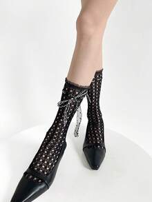 1 Pair Summer Women's Lace Hollow Mesh Mid-Calf Socks, Breathable Thin Floral Lace-Up Lolita JK Style Bow Tie Socks - Multicolor - View 6