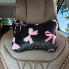1pc Plush Black Base Pink Bow Car Headrest Pillow, Soft & Comfortable, Provides Neck Support, All Season Use, Perfect Gift, Women's Car Interior Accessory - Plush Black and Pink Bow - View 3