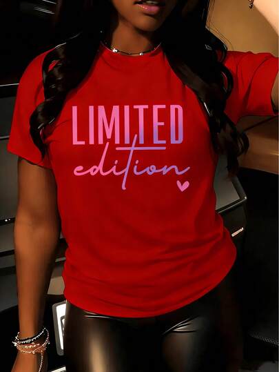 Plus Size-Limited Edition Women's T-Shirt, Pink And Purple "Limited Edition" Letter Print - Soft Elastic Polyester, Round Neck Short Sleeve Casual Top, Pink And Purple Gradient Design, Suitable For Daily Wear And Special Occasions