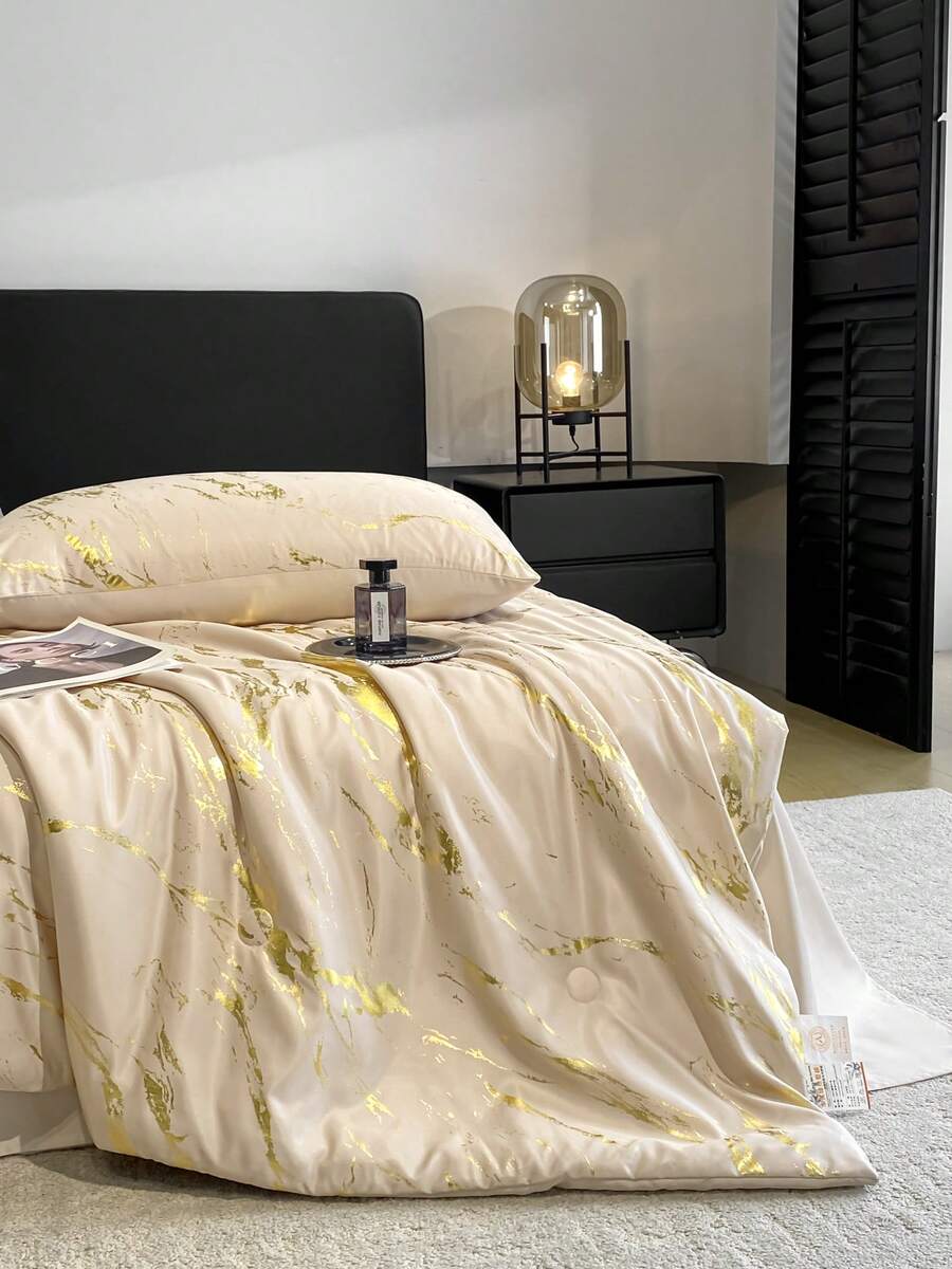 1pc Minimalist Marble Pattern Foil Washed Mulberry Silk Lightweight Breathable Soft Summer Quilt, Machine Washable, Suitable For Bedroom And Guest Room All Seasons (Excluding Pillow And Pillowcase) - Golden Glow - Light Champagne - View 1