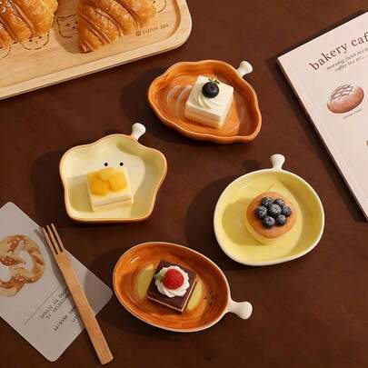 1/4 Set Mini Bread Shaped Ceramic Dessert Plates And Spoons, Suitable For Storing Tiramisu And Jam At Home, Can Be Used For Breakfast/Lunch/Dinner, Vegetable And Fruit Display