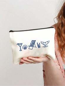 定制海岸风化妆包 - 可个性化定制“海岸最后的祝酒”图案，可重复使用的化妆包，饰有眼镜和贝壳图案，轻便，手工绘制风格，轻巧的化妆品和洗漱用品收纳包，拉链化妆包，轻便零钱包，洗漱包 - 彩色 - 查看 7