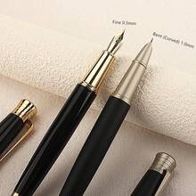 Luxury Black Silver Fountain Pen | Textured Metal Body Business Pen | Premium Gift For Office & Signature - Bent (Curved) 1.0mm - View 9
