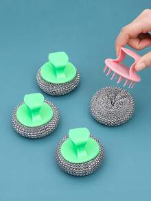 2/5/10 piezas Bolas de limpieza sin rayar, Cepillo sin lana de acero, Estropajos de plástico con mango para ollas y sartenes del hogar - Multicolor - Ver 5