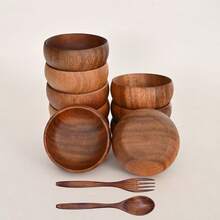手工打造三件套圆形木质沙拉碗，包含1个碗、1个勺子和1个叉子，天然实木，日式风格，适用于爆米花、意面、糖果、麦片、椰子酱、开胃菜，厨房、圣诞节、万圣节、复活节、感恩节、餐厅等场合，多种尺寸可选。 - 彩色 - 查看 2