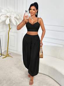 AIJ Amarilo Casual Vacation Sexy Adjustable Bow Tie Blouse Paired With Loose Adjustable Waist Wide Leg Pants With Pockets Black - Black - View 1