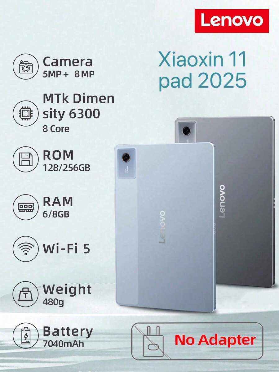 Lenovo 平板电脑 2025 全球版，11 英寸 2.5K 显示屏，8GB 内存，128GB 存储空间，联发科处理器，7040mAh 电池，不含适配器