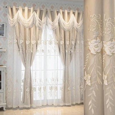 单幅100%遮光，奢华宫廷风格刺绣窗帘，适用于客厅、卧室、别墅，优雅欧式风格，轻盈薄纱搭配结实涤纶衬里，适合客厅、卧室、餐厅、派对、假日家居装饰，营造奢华氛围。