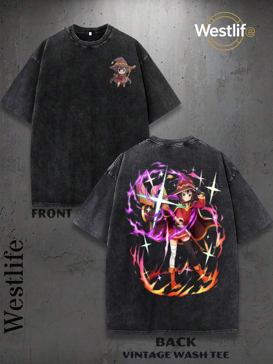 Men Water Wash Streetwear Brand Street Style 100 Percent Cotton T Shirt Anime Wizard Character Print Casual Wear Front And Back Printing Vintage Heavyweight Tee Perfect Gift Loose Comfortable Breathable Machine Washable Fabric Hip Hop Cool Style Drippy Clothes Y2K - màu đen - Xem 1