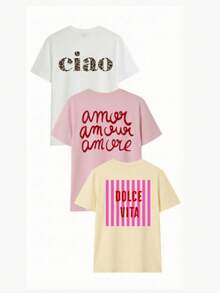 3件套女士夏季字母印花宽松休闲T恤，百搭日常休闲度假装扮 - 彩色 - 查看 3