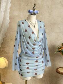 女士新款春夏泳衣罩衫，优雅性感复古黄色波点印花高领长袖网纱连衣裙，女士沙滩装，Y2K泳装，适合海滩度假、节日、派对、情人节、狂欢节等场合。 - 藍卡色 - 查看 3