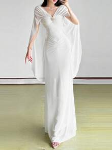 Top Dazzle Women's Sexy V-Neck Sleeveless Knitted Long Dress With Contrast Mesh Details, Elegant Off-Shoulder Gown For Prom And Parties - White - View 3