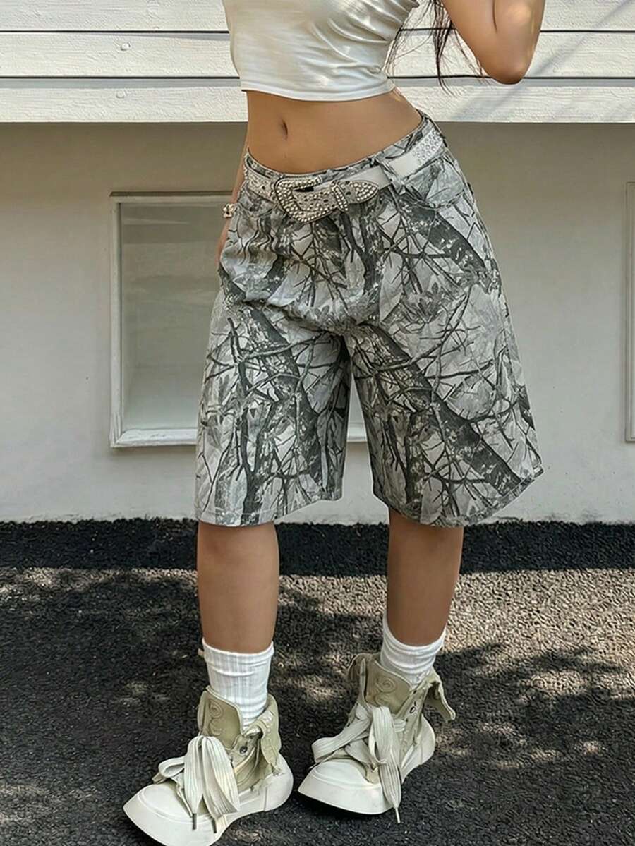 街头复古树枝印花短裤，斜插口袋，直筒阔腿牛仔短裤，休闲日常办公外出春夏百搭女装度假款 - 彩色 - 查看 1