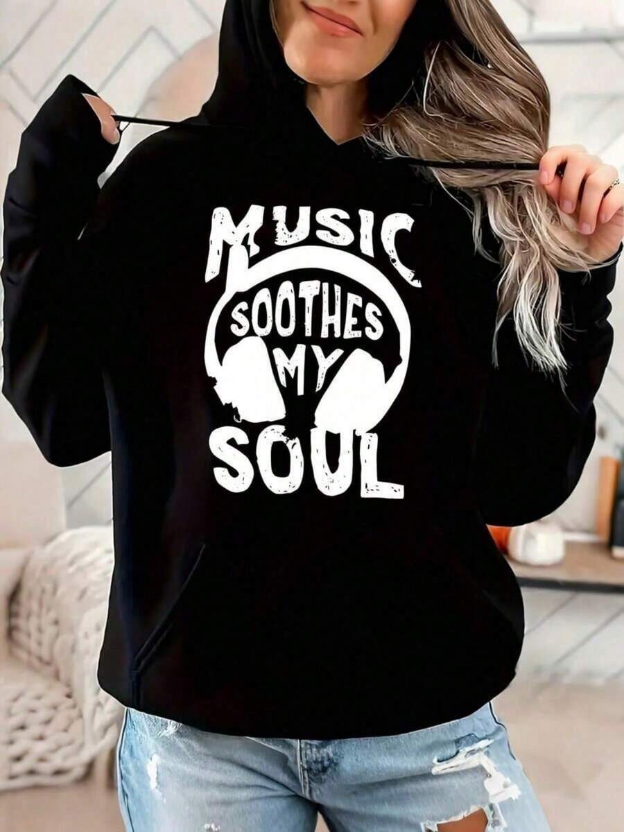 Music Soothes My Soul White Womens Casual Hoodie Long Sleeve Drawstring Hooded Plus Size Sweatshirt With Pockets Perfect - màu đen - Xem 1