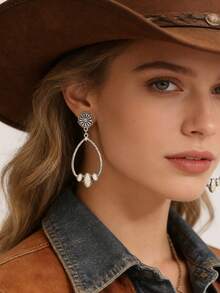 波西米亚象牙绿松石椭圆形耳环，复古镂空水滴牛仔耳环 - 水滴形 - 查看 6