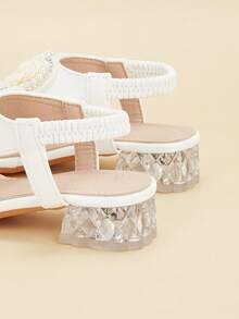 2026 New 1 Pair Girls' Lace Pearl Rhinestone Heart Flower High Heel Comfortable Open Toe Strap Design Fashion Sandals, Suitable For Spring, Summer, Autumn - White - View 4