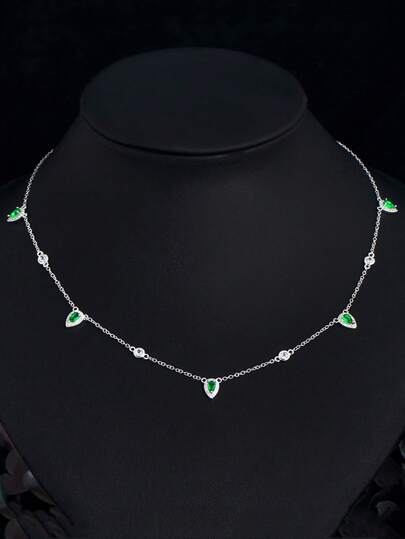 1pc Women's Fashion Silver Plated Green Pear Cut Cubic Zirconia Leaf Charm Chain Necklace, Rose Gold Plated Pink CZ Stackable Costume Jewelry Accessories For Female, Ladies, Girlfriends, Wife, Mother, Daughters, Daily Wear Gift