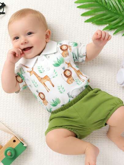 两件套男婴休闲套装，柔软舒适，可爱卡通狮子大象图案Polo连体衣搭配简约运动短裤，适合新生儿男婴夏季日常穿着、户外活动、度假和派对。