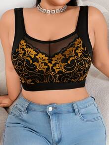 Gold Leaf Lace Patchwork Plus Size Wireless Bra, Soft And Skin-Friendly Fabric - Gold - View 5