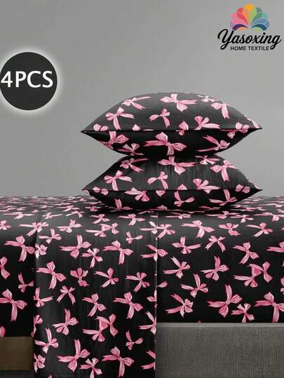 4pcs/Set Pink Bowknot Pattern Sheet Set Easy Care Microfiber Soft Bedding Set Floral Fitted Sheet Set (1pc Flat Sheet+1pc Fitted Sheet+2pcs Pillowcases)Fitted Sheet Set King Queen Full TWIN SIZE Sheet Deep Pocket Up To 11.8 Inch Pillowcase, Soft Breathable Wrinkle-Free Better For Sleep, Luxury Hotel Style, Gift For Mom Dad Friend, Sweet Girl Style