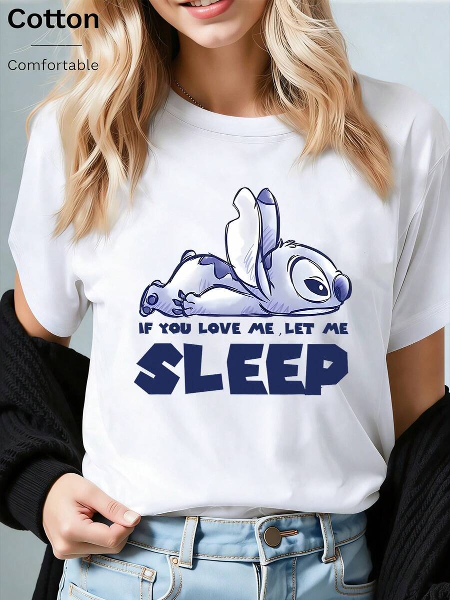 Disney Sleepy Stitch Oversized T-Shirt: White Loose Fit Cotton Tee With Lazy Cute Graphic, Perfect For Lilo & Stitch Fans, Theme Park Visits And Casual Wear, Ideal Gift - 白色 - 查看 1