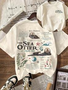Camiseta de manga corta casual de cuello redondo con gráfico de biología de nutria marina vintage para el verano - Blanco - Ver 7