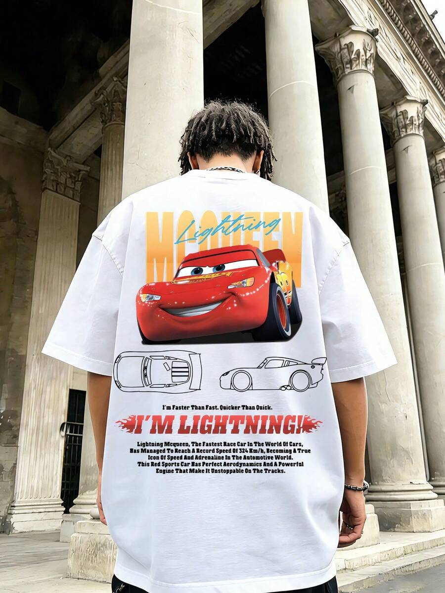 Disney-Cars Lightning McQueen Printed Short Sleeve | American Street Style Loose T-Shirt | Retro Vintage Half Sleeve Top - 白色 - 查看 1