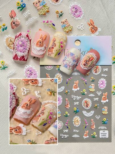 1 feuille d'autocollants d'art pour ongles sur le thème du lapin vintage, présentant diverses poses de lapins rétro - certains portant des bavoirs en dentelle, des robes fleuries, tenant des bouquets de fleurs, complétés par des détails délicats comme des bordures en dentelle, des cols, des cadres et des nœuds. Mélange d'esthétique pastorale apaisante, de fantaisie douce et de féminité rétro, convenant aux jeunes consommateurs attirés par le style vintage et l'ambiance de conte de fées.