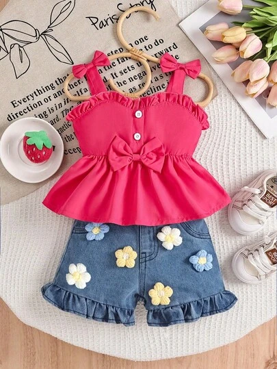 2pcs Baby Girls Casual Outfit Set, Sleeveless Ruffle Trim Top With Bow Decor And Floral Embellished Denim Shorts