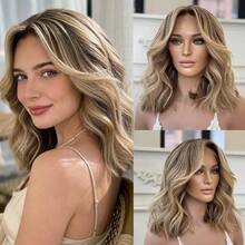 13x4 Lace Front Wig, Gradient Brown To Golden Wavy Synthetic Hair, Seamless Hairline, Pre-Plucked - Multicolor - View 12