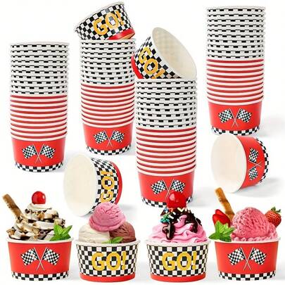 10pcs/20pcs/60pcs,Racing Car Party Ice Cream Bowls - Checkered Flag Disposable Treat Cups, Red Race Car Birthday Dessert Bowls, Let's Go Fast Food Containers For Sundae & Frozen Yogurt,Two Fast Birthday Party Supplies, Racing Flag Snack Bowls For Popcorn & Treats, Engine Start Event Decor