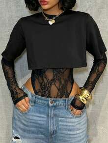 女士性感蕾丝拼接T恤，二合一上衣，性感连体衣，纯色，适合日常穿着、约会、单身派对、舞台和演唱会，春夏黑色优雅款 - 黑色 - 查看 7