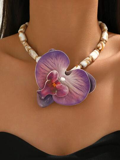 1pc Fashionable & Elegant Bohemian Style Purple Orchid Large Pendant Necklace With Cream Floral Bamboo Bead Decor, Suitable For Women's Summer Party, Beach, Vacation, Jewelry For Sexy Ladies At Wedding, Music Festival