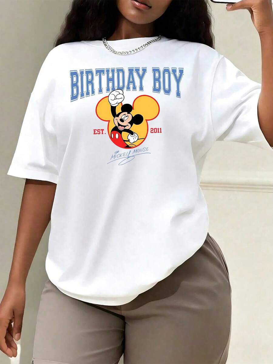 Disney Women's Casual Mickey Mouse Birthday Boy Print Short Sleeve Cotton T-Shirt, Regular Fit Round Neck Top - 白色 - 查看 1