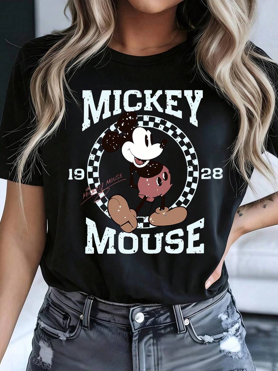 Disney Women's Casual Mickey Mouse Graphic T-Shirt, Black Cotton Round Neck Short Sleeve Top For Everyday Wear - 黑色 - 查看 1