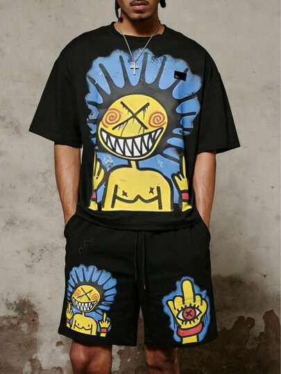 时尚男士个性化T恤套装，趣味卡通数码印花设计，宽松舒适圆领短袖T恤搭配运动短裤，打造街头夏季造型