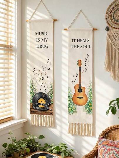 1pc/2pcs Music Themed Wall Hanging Tapestry, "Music Is My Drug" & "It Heals The Soul" Boho Tassel Wall Art, Guitar & Vinyl Record Wall Decor, Music Lover Gift, Farmhouse Home Decor For Living Room Bedroom Studio, Boho Chic Wall Accent, Positive Quote Wall Decor, Music Room Decor, Gift For Musicians, Minimalist Wall Art, Macrame Tassel Wall Hanging