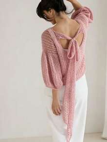 Maglione lavorato a maglia con schiena traforata e fiocco, maniche a 3/4, rosa, adatto per la primavera e le vacanze al mare - Rosa - Visualizzare 2