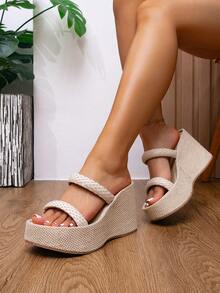 女士透气露趾运动凉鞋，防滑鞋底 - 休闲独特四季沙滩鞋，适合度假、办公和休闲穿着，多功能坡跟凉鞋 | 中性色鞋款 | 防水厚底高跟鞋 - 杏色 - 查看 4