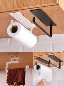 Carbon Steel No-Drill Paper Towel Holder, Kitchen/Bathroom Tissue Roll Rack, Adhesive Mounted Cleaning Cloth Hanger, Large Square Bathroom Storage Shelf - Multicolor - View 4