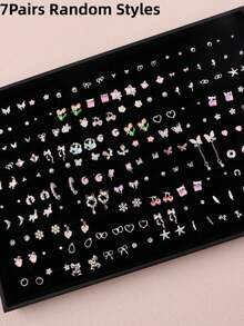 6/7/9对/套 精致时尚优雅可爱男女童耳环 花朵蝴蝶心形雪花随机款式 生日派对 儿童节礼物 日常佩戴配饰 - 彩色水鑽小耳釘 - 查看 8