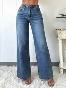 Quần jeans ống rộng thanh lịch và thoải mái dành cho nữ, chất liệu denim, màu trơn đã qua xử lý, dài đến mắt cá chân, độ co giãn vừa phải, thích hợp cho mùa xuân. - Rửa tối - Xem 5