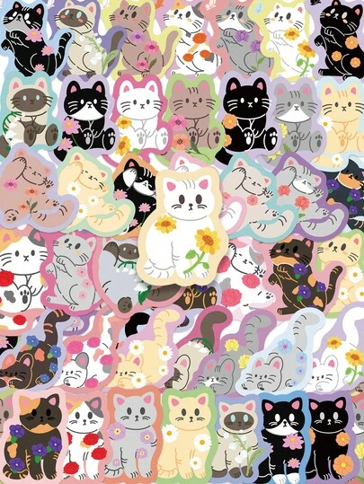50PCS Colorful Flower Cat Stickers, PVC Waterproof Stickers, Self Adhesive,School Stationery Supplies,Journaling Supplies,Scrapbook Supplies,Mobile Phone,Laptop,Bumper,Skateboard,Water Bottles,Hard Hat,Car Stickers