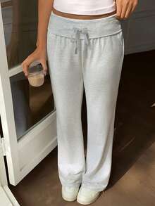 Women's Y2K Style Solid Color Straight Leg Pants, Drawstring Waist, Flap Pockets, Comfortable Casual, Suitable For Work And Daily Commute - Light Grey - View 5