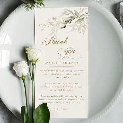 24/48 Pcs Simple Wedding Thank You Cards, Place Cards With Green Plant Napkins, Suitable For Wedding Banquet Table Decorations