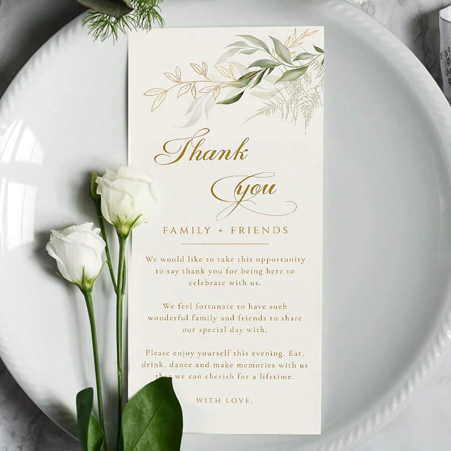 24/48 Pcs Simple Wedding Thank You Cards, Place Cards With Green Plant Napkins, Suitable For Wedding Banquet Table Decorations