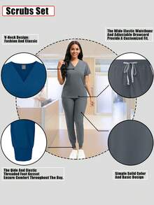 女士手术服套装，休闲护士制服套装，透气速干上衣和裤子（春季款） - 灰色 - 查看 5