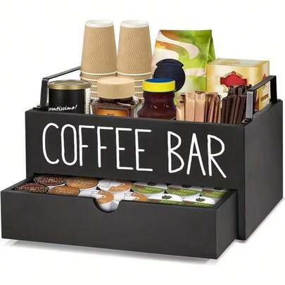 1pc Double-Layer Wooden Coffee Bar Organizer Rack With Drawers And Metal Handles, Farmhouse Style Multifunctional Coffee Station Storage Box, Rustic Wooden Coffee Bar Accessories Shelf For Counter Decor, Coffee Capsules, Condiments, Tea Bags, Coffee Cups, Home, Office, Hotel, Bathroom Counter, Coffee Station Organizer Basket, Farmhouse Style Coffee And Tea Condiment Rack, Perfect Gift For Housewarming, Party, Birthday, Surprise, Home