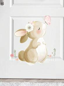 1 pieza Pegatina de puerta autoadhesiva con acuarela de conejo y flores, decoración del hogar impermeable y removible - multicolor - Ver 5